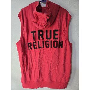 True Religion Hoodie Mens Extra Large Red Sleeveless Pullover Spell Out Logo